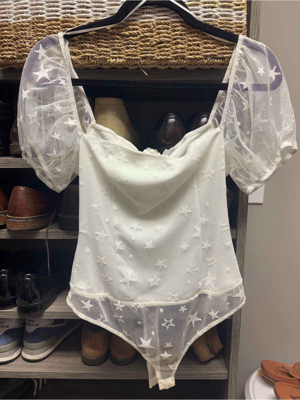 Le Lis White Star Mesh Puff Sleeve Bodysuit